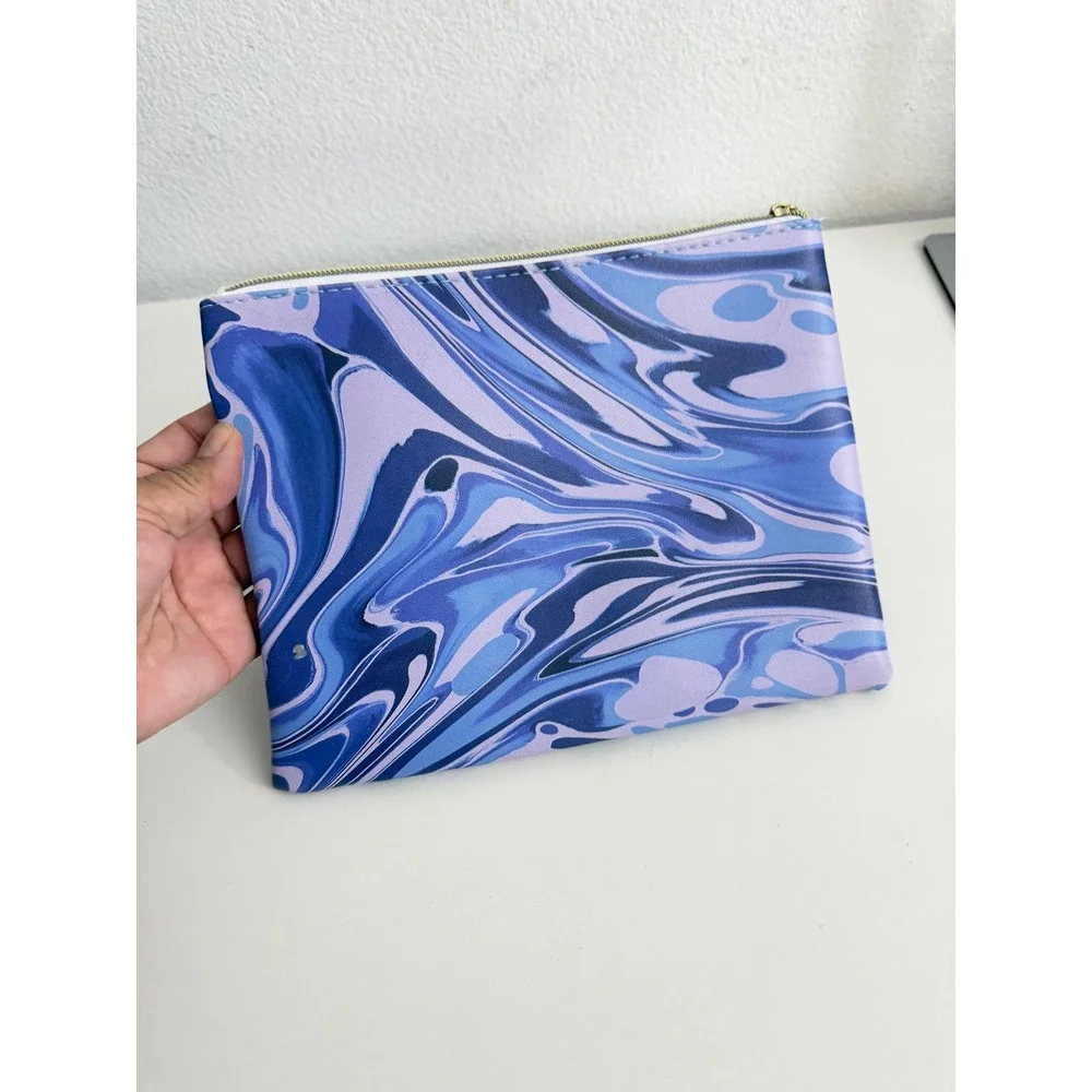 Paper Source‎ Blue Purple Marble Swirl Zipper Pouch PU Leather Makeup Travel Bag
